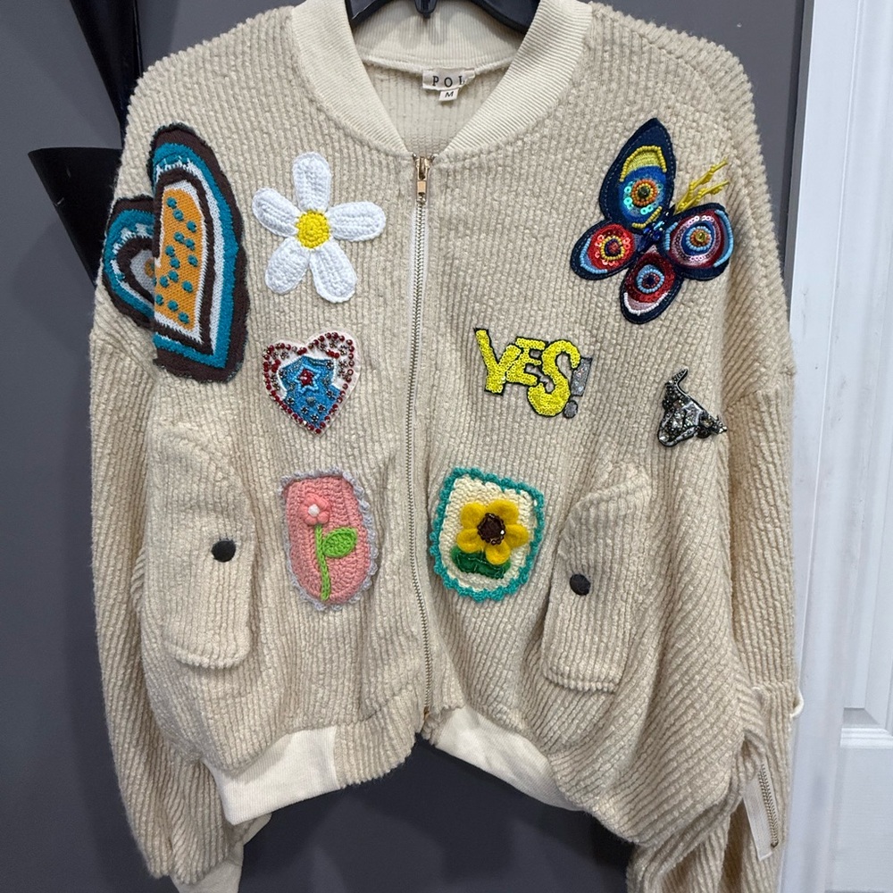 POH Brand,Bomber jacket, beige embroidered,sequins, chenille fabric, New